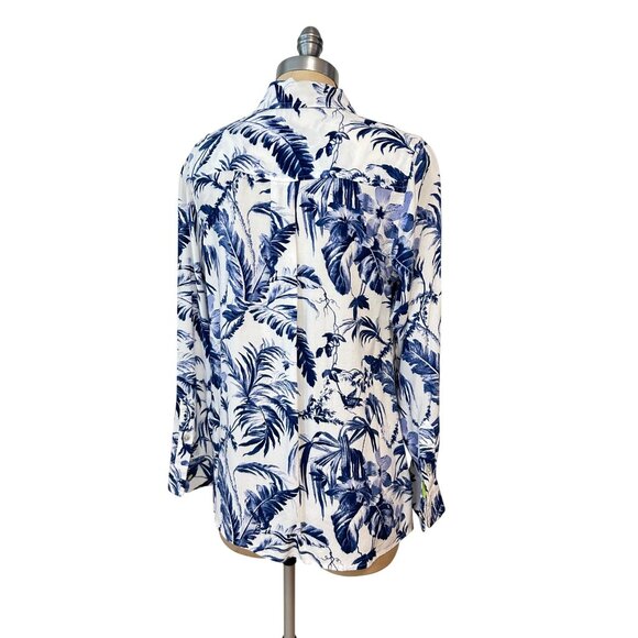 Soft Surroundings Floral Button-Up Tunic Shirt Long Sleeve Blue White Medium - Picture 3 of 5